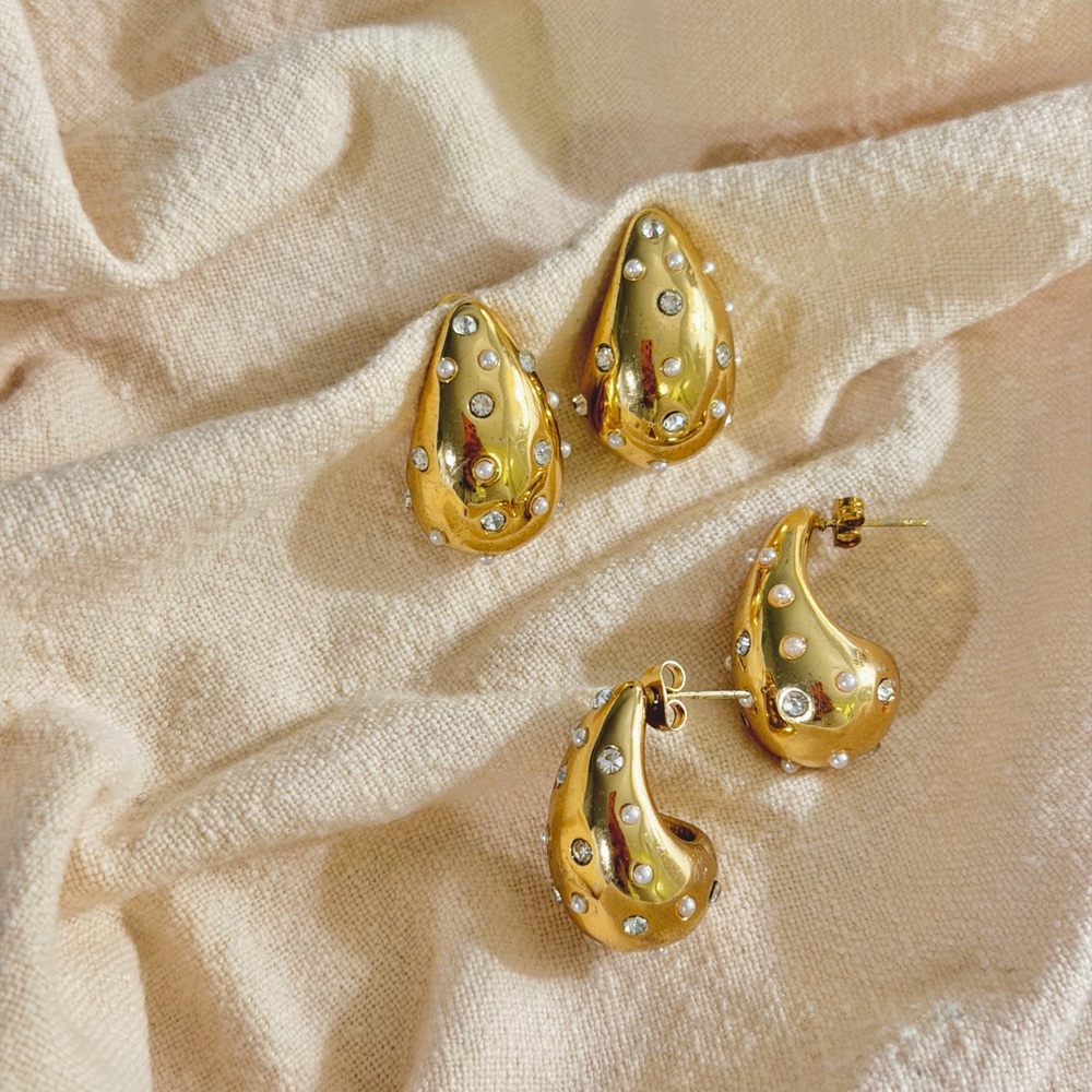 Women's Gold Plated Statement Teardrop Earrings with Cubic Zirconia and Pearls
